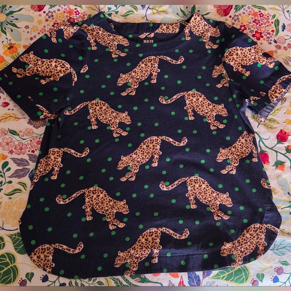 Anthropologie Maeve Animal Print Top with Green Accents